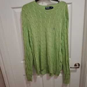 Polo Ralph Lauren Cable Knit Silk Sweater L Green Crew Neck‎ Long Sleeve Logo